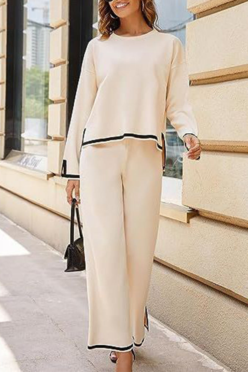 Casual Living Solid Weave O Neck Long Sleeve Two Pieces