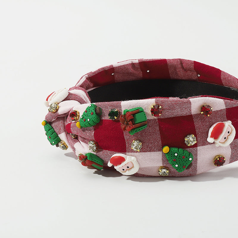 Bandeau pour cheveux en patchwork représentant un Père Noël et un sapin de Noël, style décontracté.