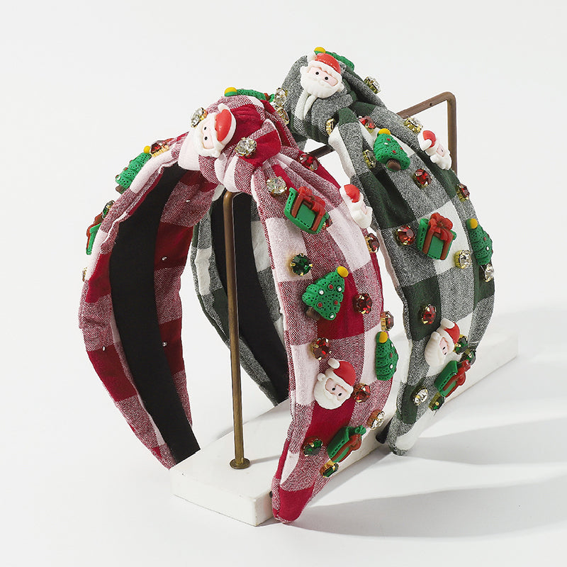 Bandeau pour cheveux en patchwork représentant un Père Noël et un sapin de Noël, style décontracté.