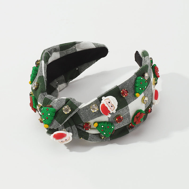 Bandeau pour cheveux en patchwork représentant un Père Noël et un sapin de Noël, style décontracté.