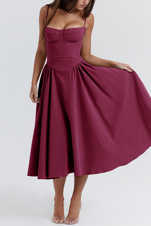 Spaghetti Strap Pocketed Corset Swing Midi Dress Plum