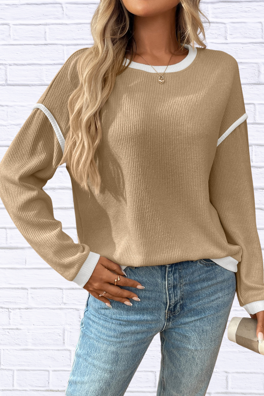 Ribbed Contrast Trim Long Sleeve Top