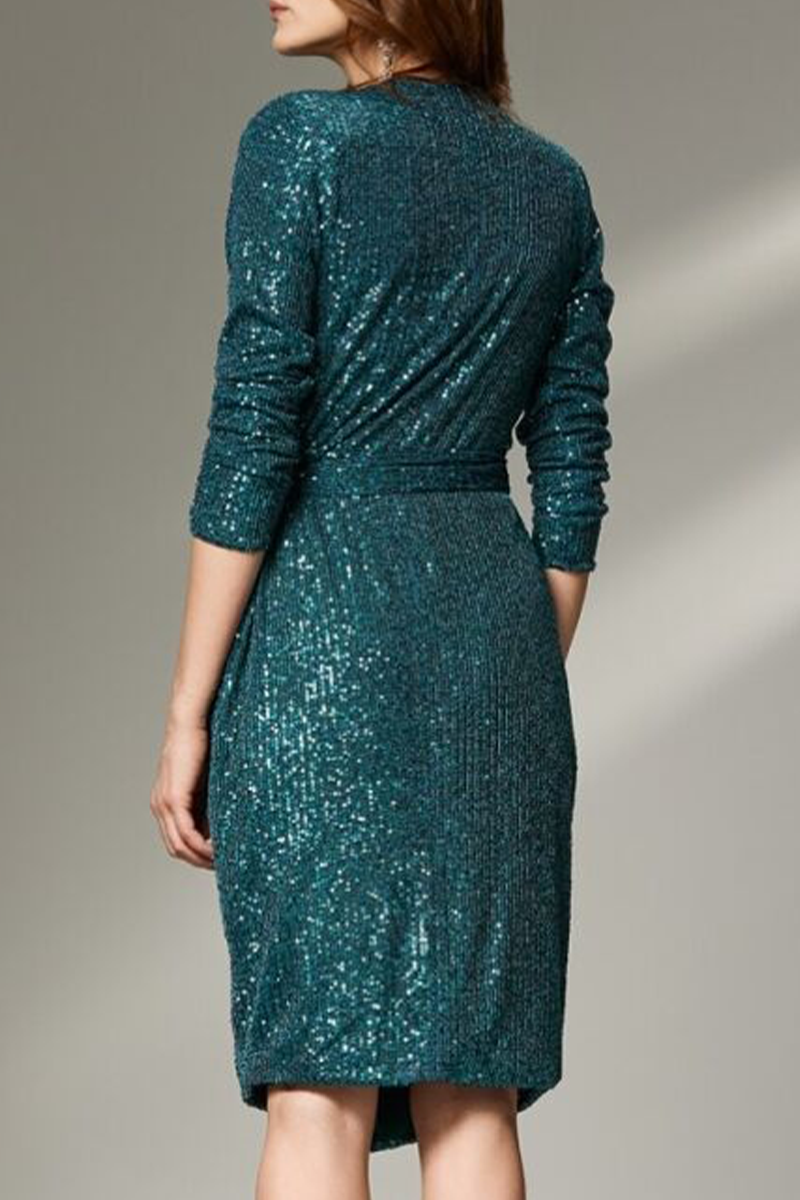 Robes bandage sexy, taille haute, col en V, paillettes, jupe portefeuille.