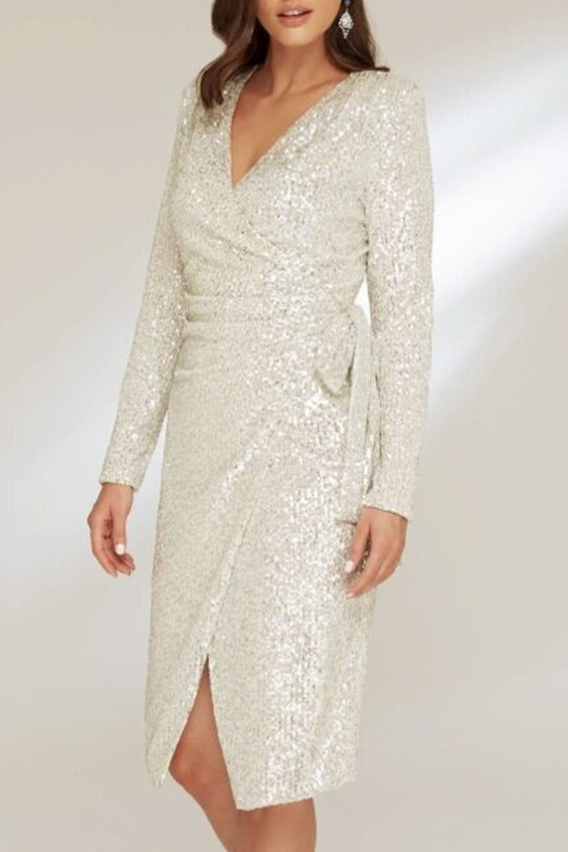 Robes bandage sexy, taille haute, col en V, paillettes, jupe portefeuille.