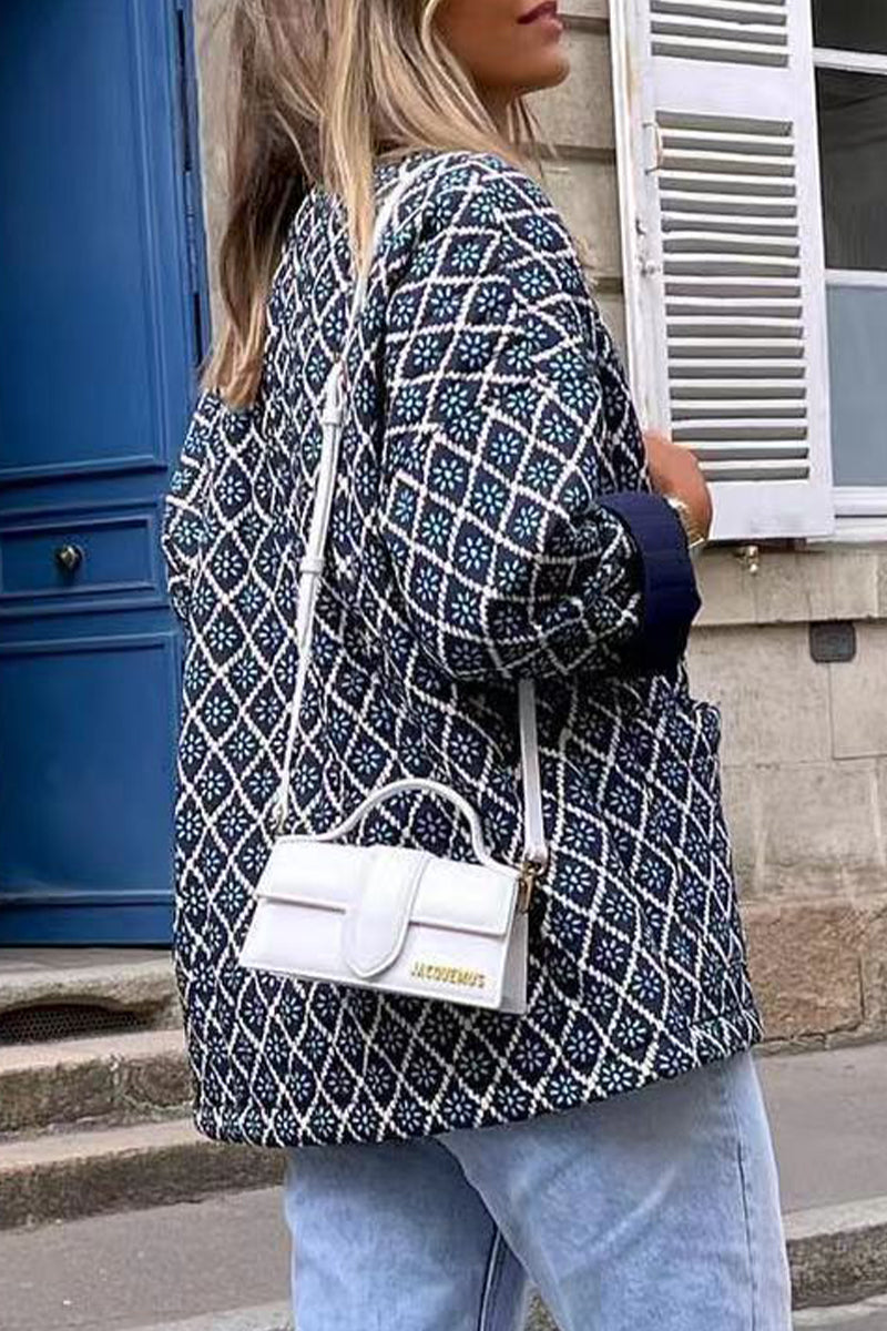 Veste élégante à col châle, en patchwork géométrique, avec poches.