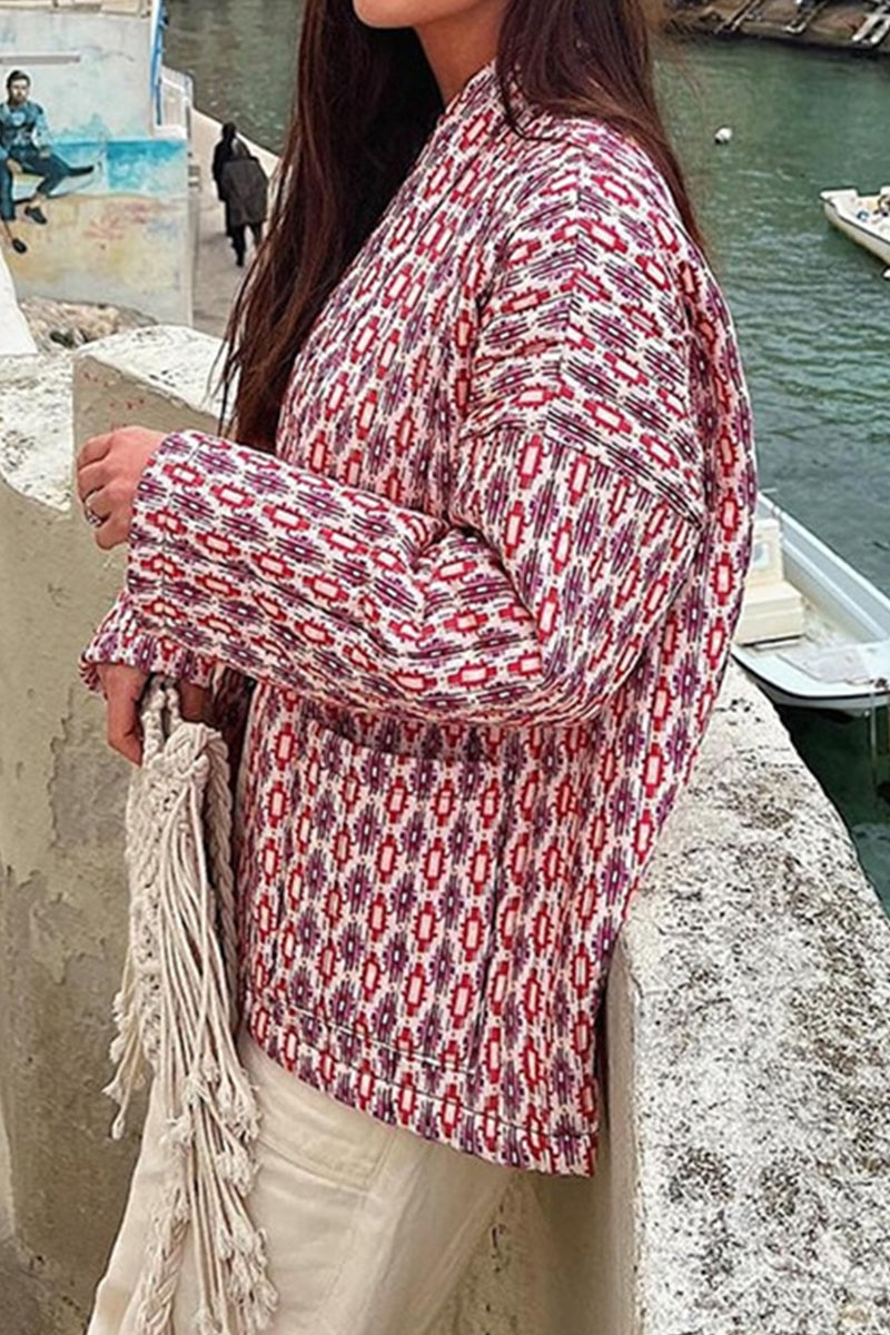 Veste élégante à col châle, en patchwork géométrique, avec poches.