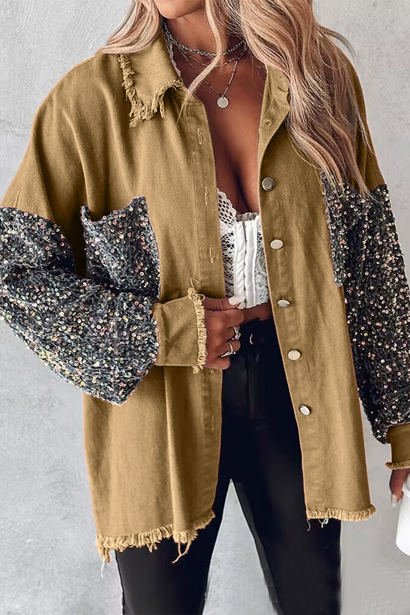 Casual Solid Sequins Pocket Turndown Collar Blouses(4 Colors)