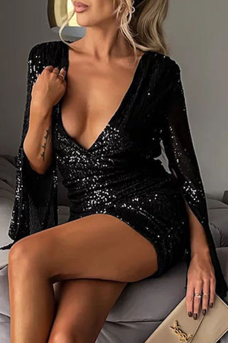 Robes-jupes bandage sexy, dos nu, fente, décolleté en V, couleur unie.