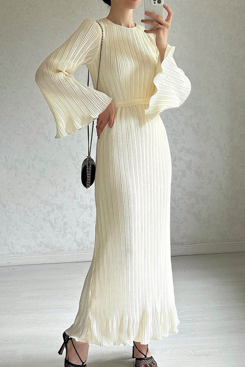 Robe longue à col rond, style patchwork, plissée, uni, style streetwear (4 couleurs)