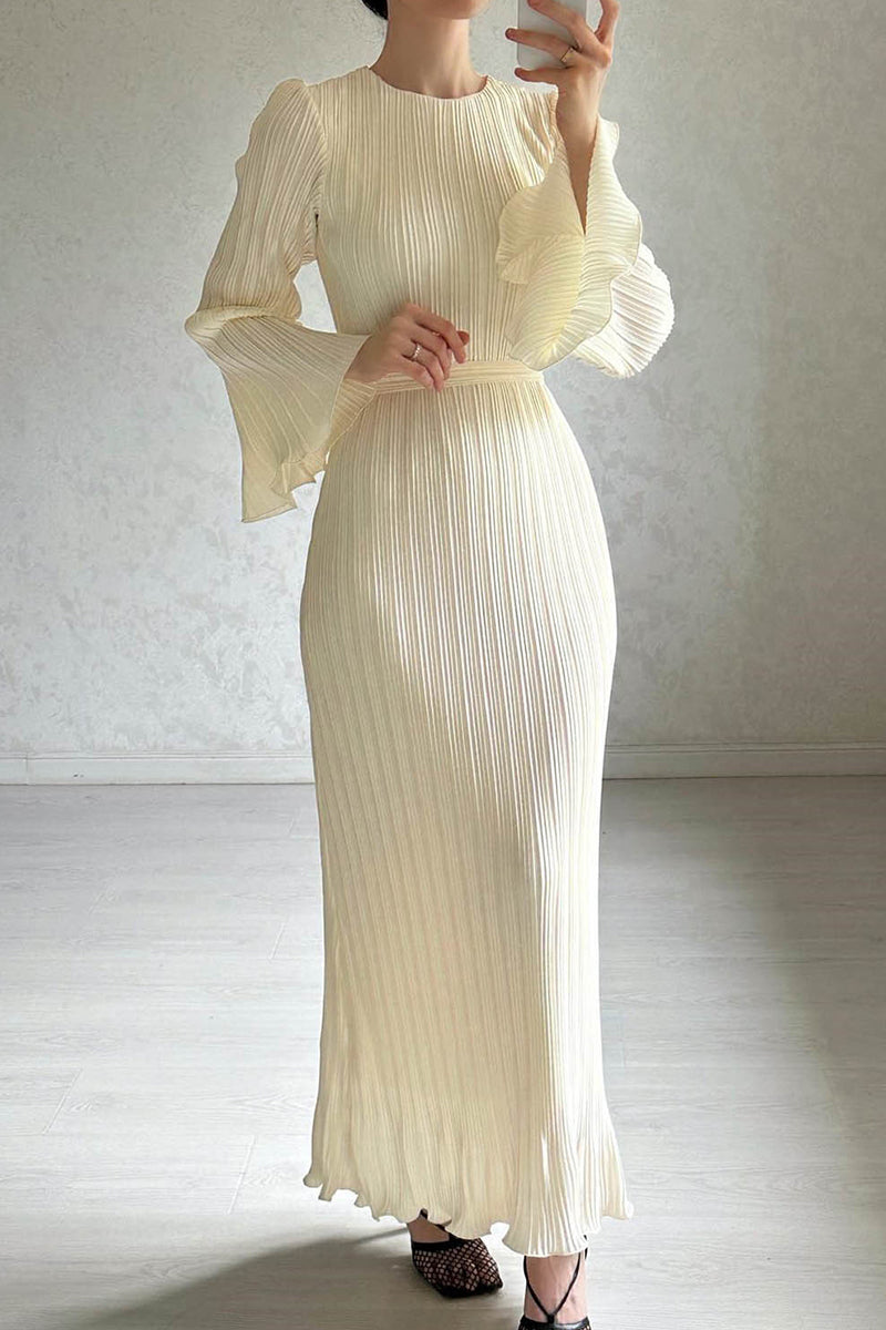 Robe longue à col rond, style patchwork, plissée, uni, style streetwear (4 couleurs)