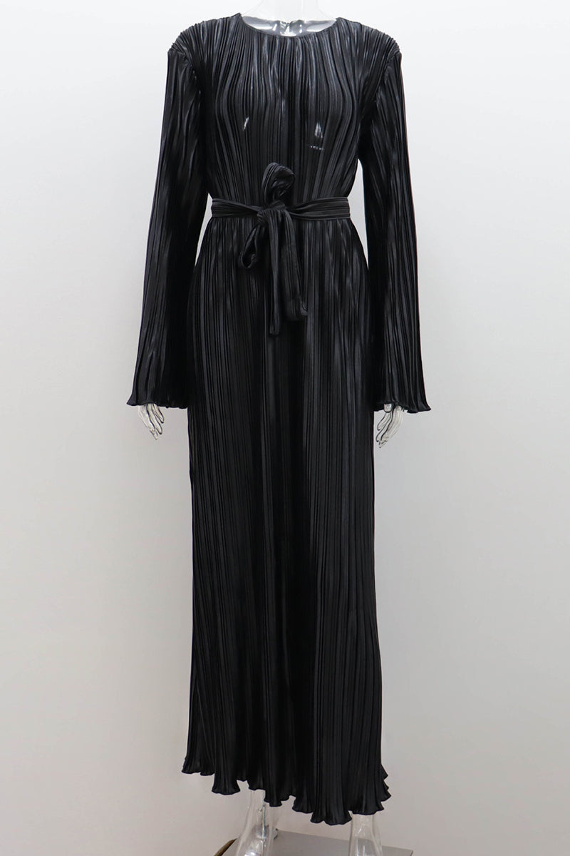 Robe longue à col rond, style patchwork, plissée, uni, style streetwear (4 couleurs)