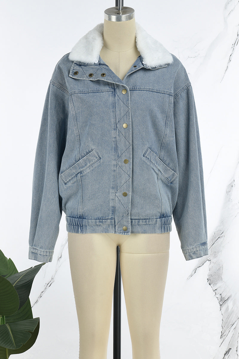 Veste en jean casual, col montant, manches longues, patchwork uni, coupe droite.