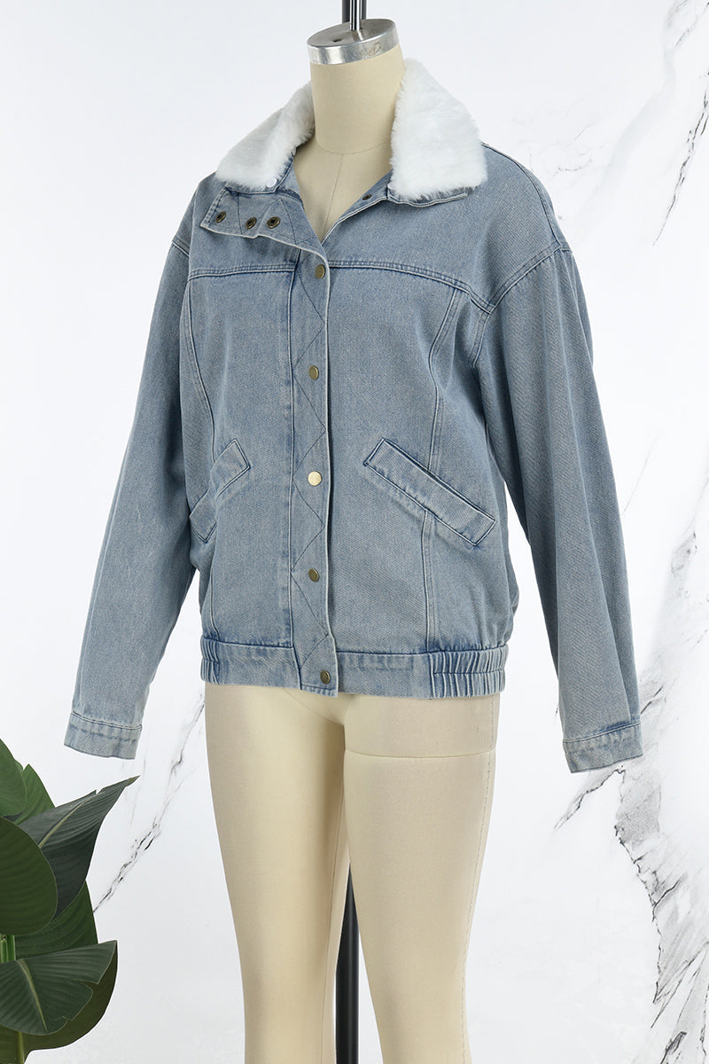 Veste en jean casual, col montant, manches longues, patchwork uni, coupe droite.