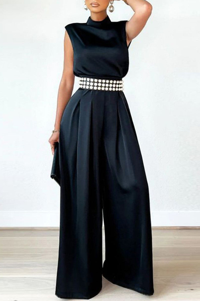 Combinaison ample casual à col montant demi-tour, patchwork uni (sans ceinture)