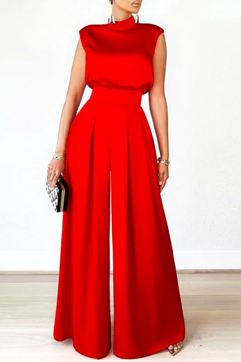 Combinaison ample casual à col montant demi-tour, patchwork uni (sans ceinture)