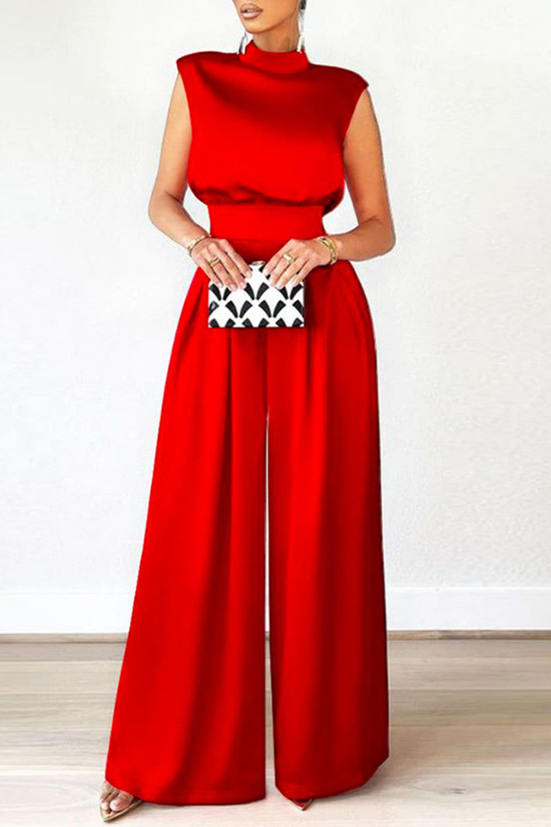 Combinaison ample casual à col montant demi-tour, patchwork uni (sans ceinture)