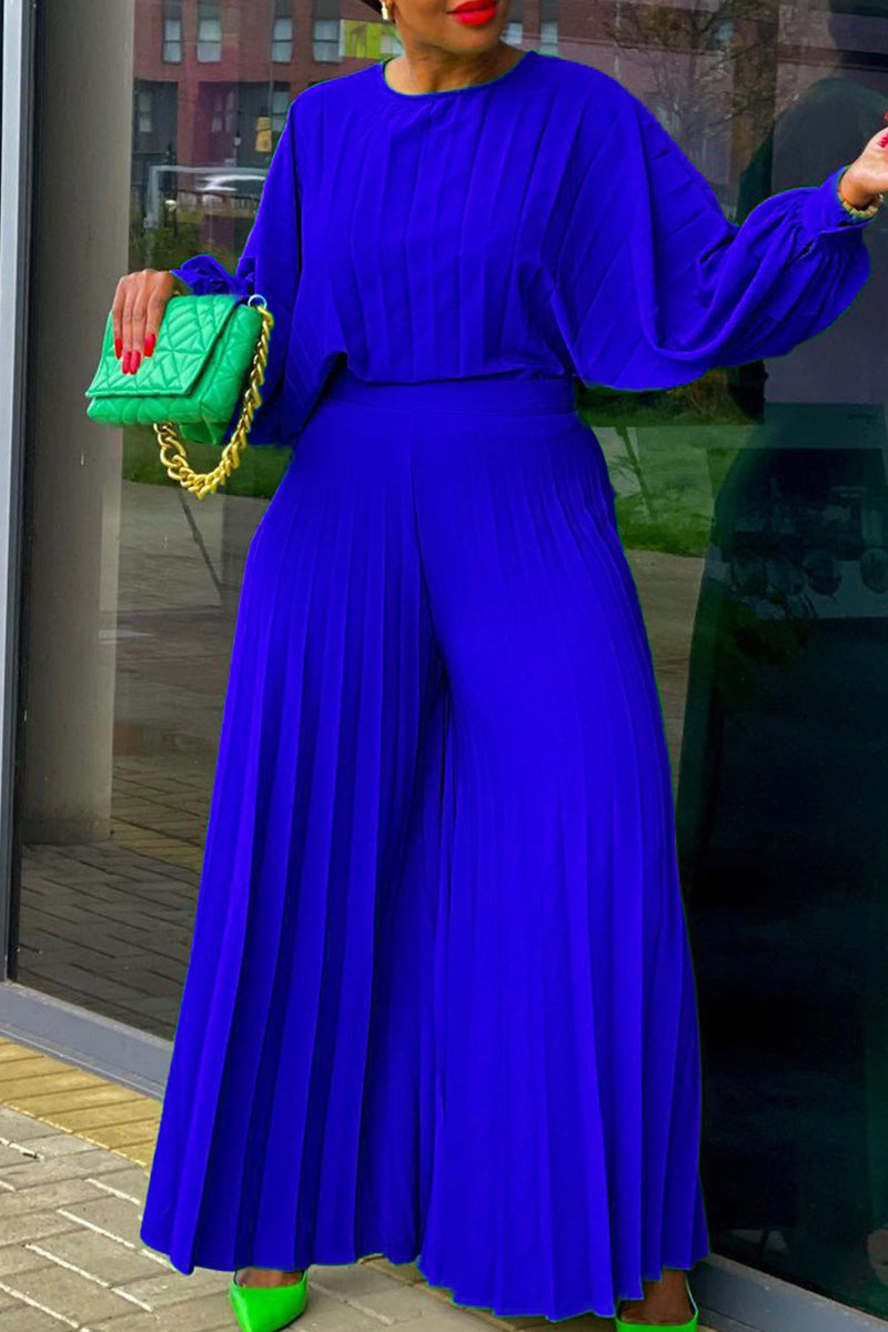 Elegant Solid Patchwork Pleated O Neck Plus Size Two Pieces(4 Colors)