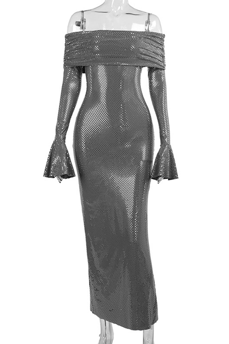 Robes-jupes longues sexy, décolletées, dos nu, épaules dénudées, à motif ajouré.