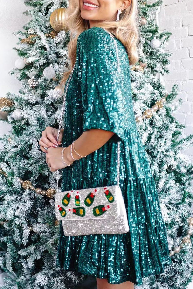 Robes décontractées, unies, à paillettes, col rond, style A (9 couleurs)