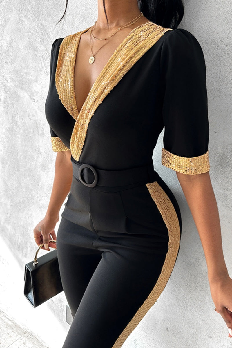 Combinaisons moulantes décontractées en patchwork avec paillettes et col en V