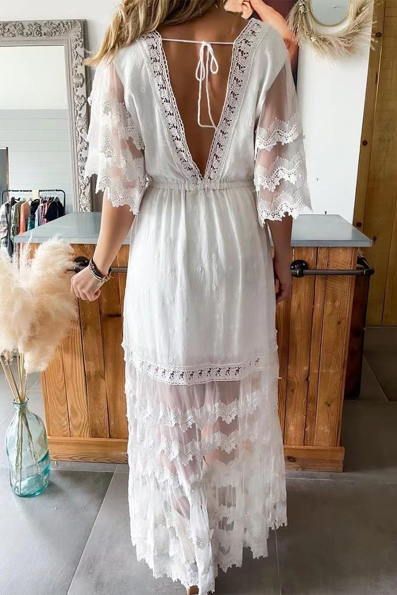 Robes A-line sexy, en dentelle uni, avec franges et col en V, idéales pour les vacances.