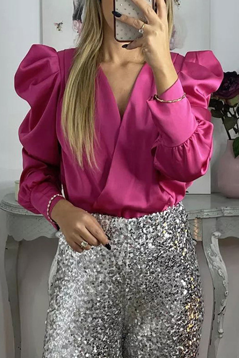 Celebrities Elegant Solid Fold V Neck Blouses（6 Colors)