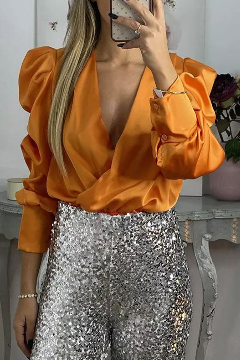 Celebrities Elegant Solid Fold V Neck Blouses（6 Colors)