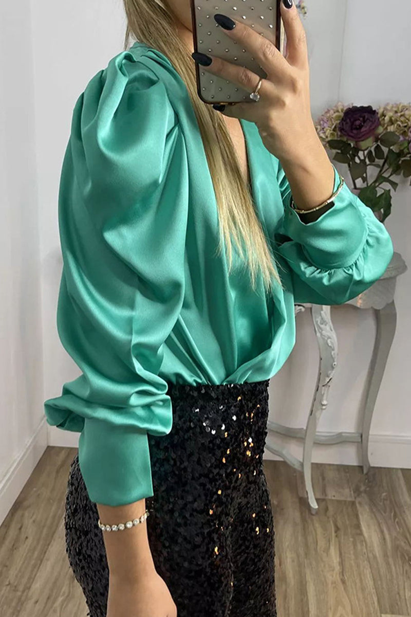 Celebrities Elegant Solid Fold V Neck Blouses（6 Colors)