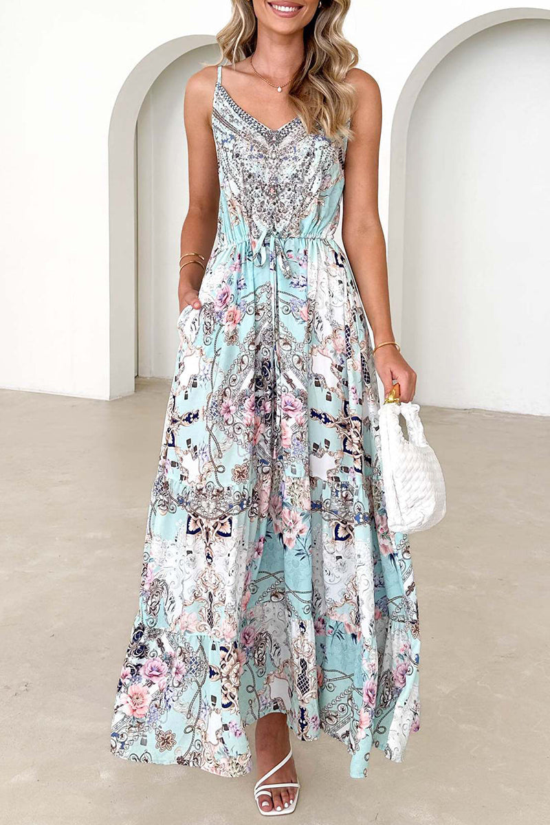 Robe sexy vintage à fleurs, dos nu, col en V, avec poches.