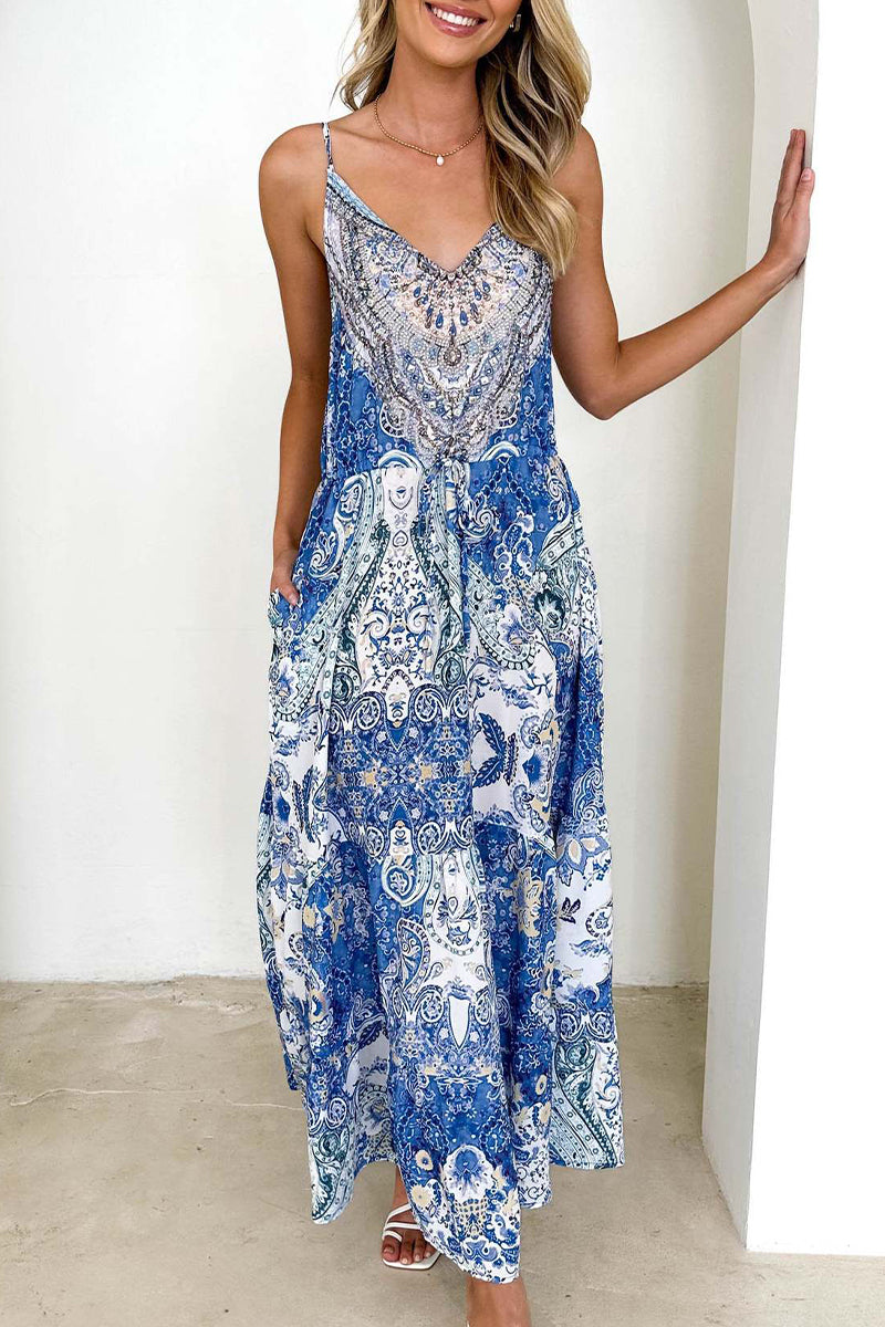 Robe sexy vintage à fleurs, dos nu, col en V, avec poches.