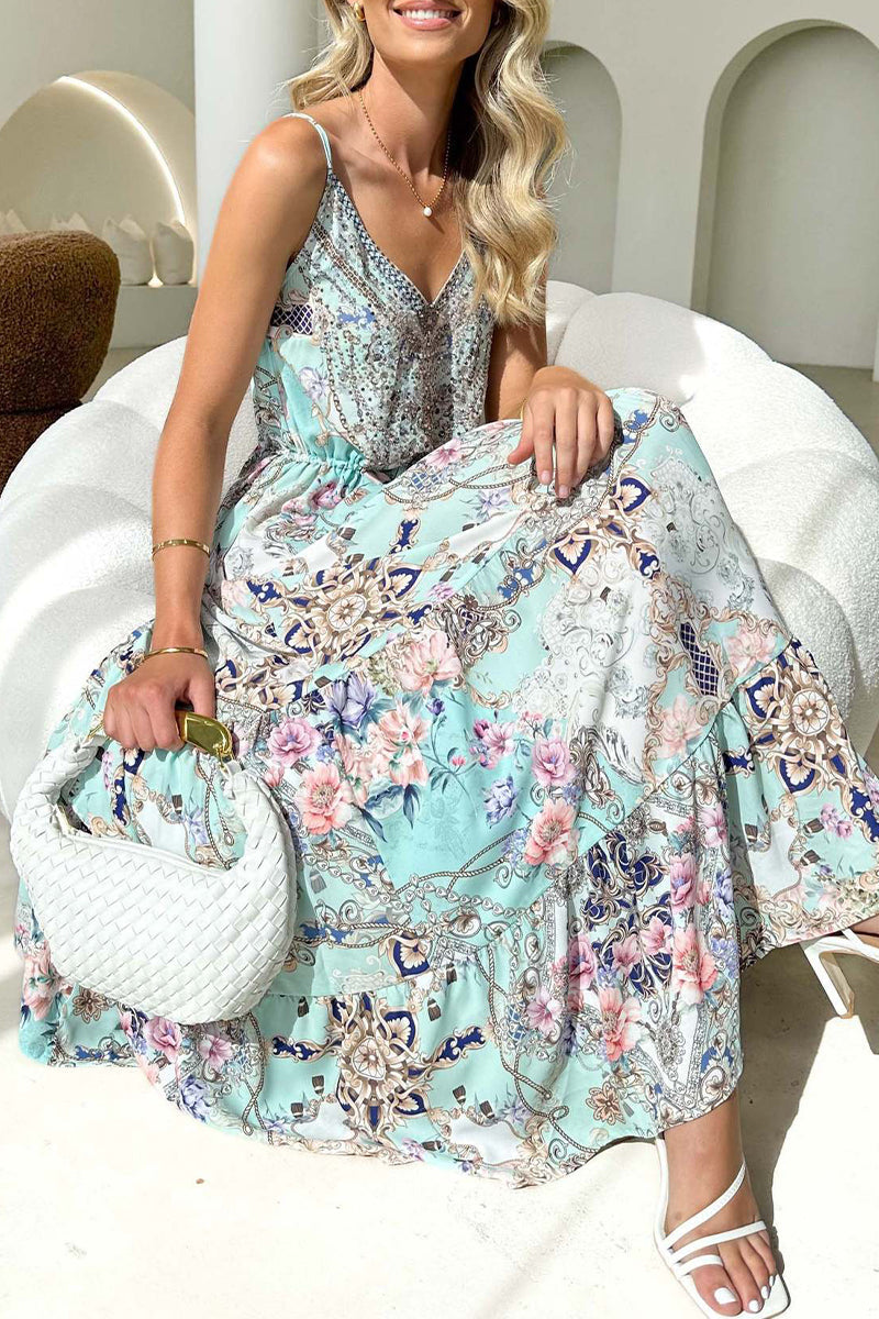 Robe sexy vintage à fleurs, dos nu, col en V, avec poches.