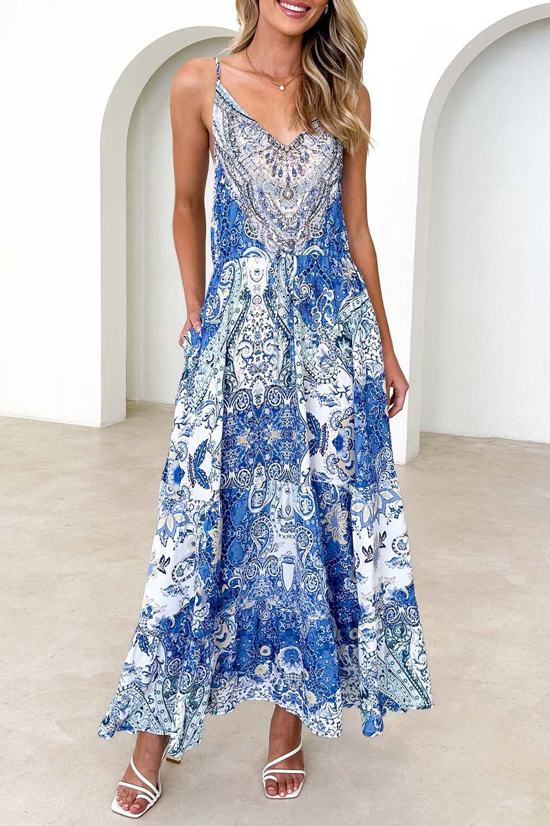 Robe sexy vintage à fleurs, dos nu, col en V, avec poches.