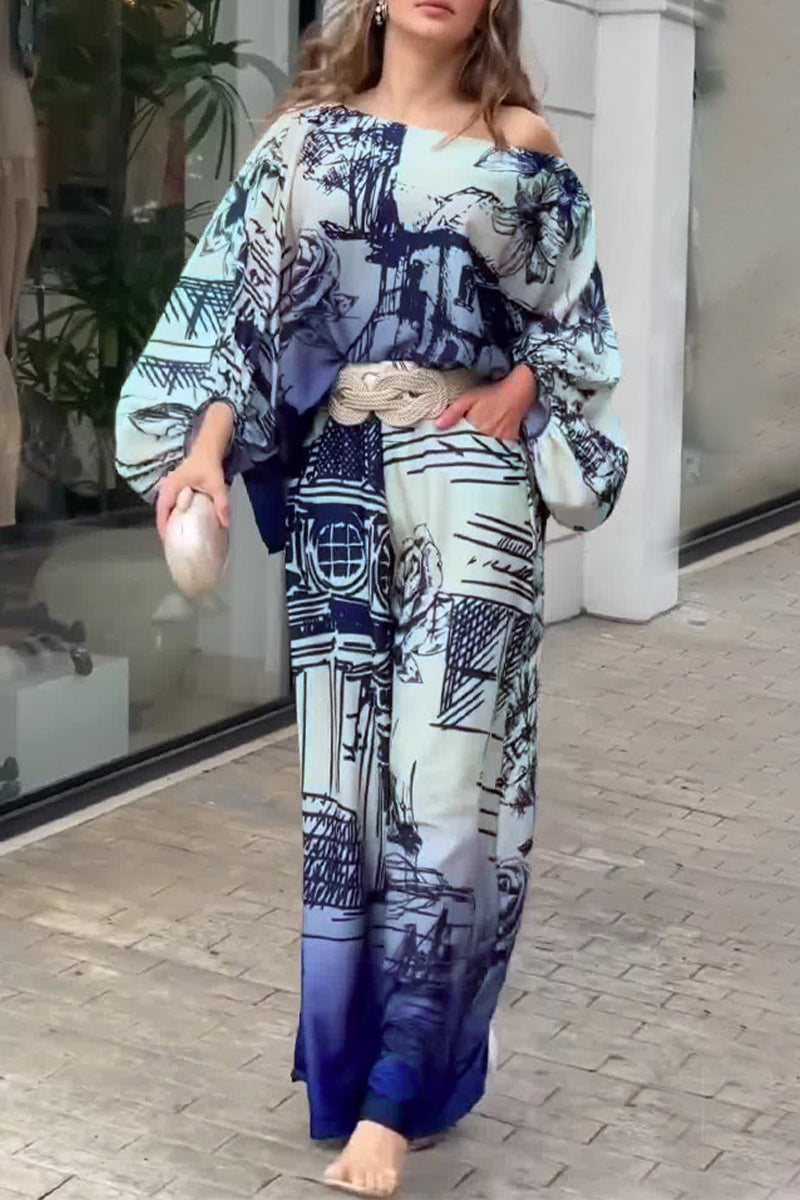 Ensemble deux pièces élégant et décontracté, imprimé, avec poches, col asymétrique et manches longues.