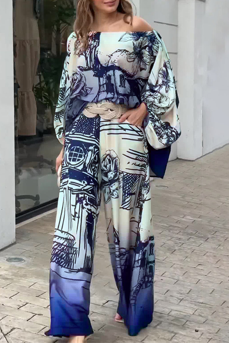 Ensemble deux pièces élégant et décontracté, imprimé, avec poches, col asymétrique et manches longues.