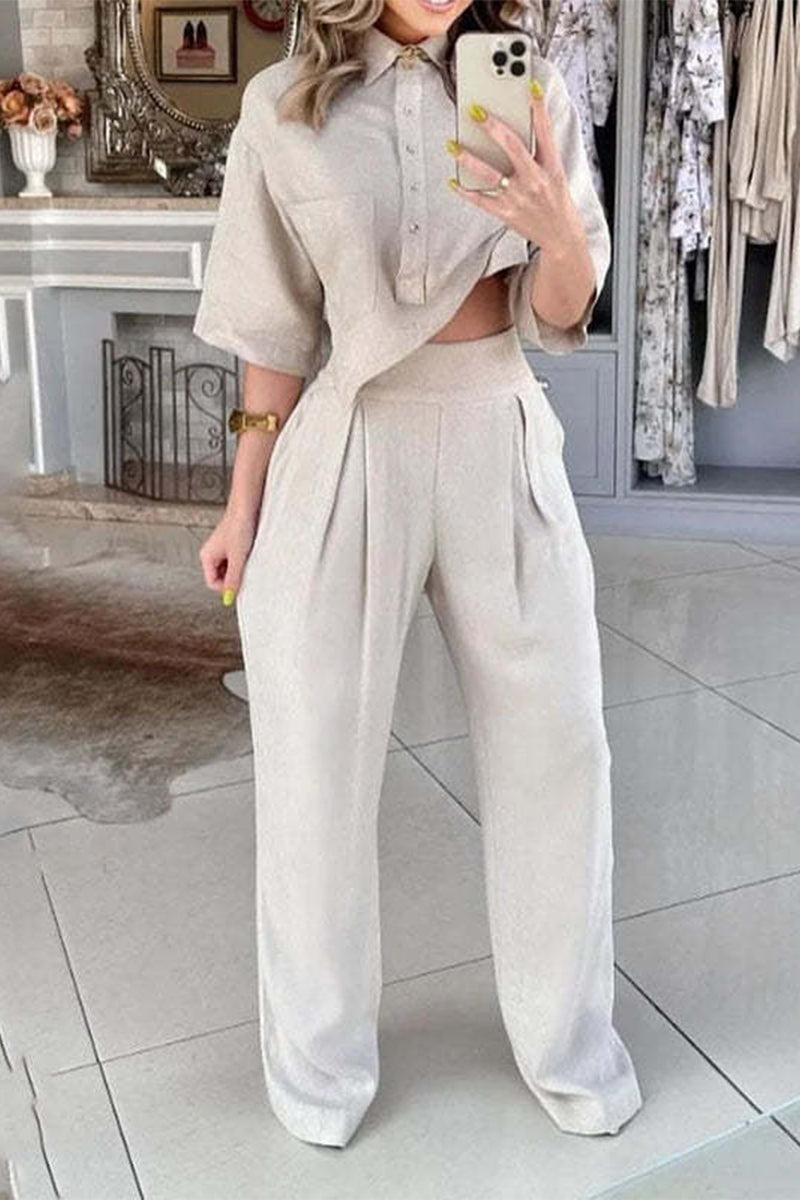 Tenue décontractée quotidienne, boutons, col asymétrique, manches courtes, deux pièces.