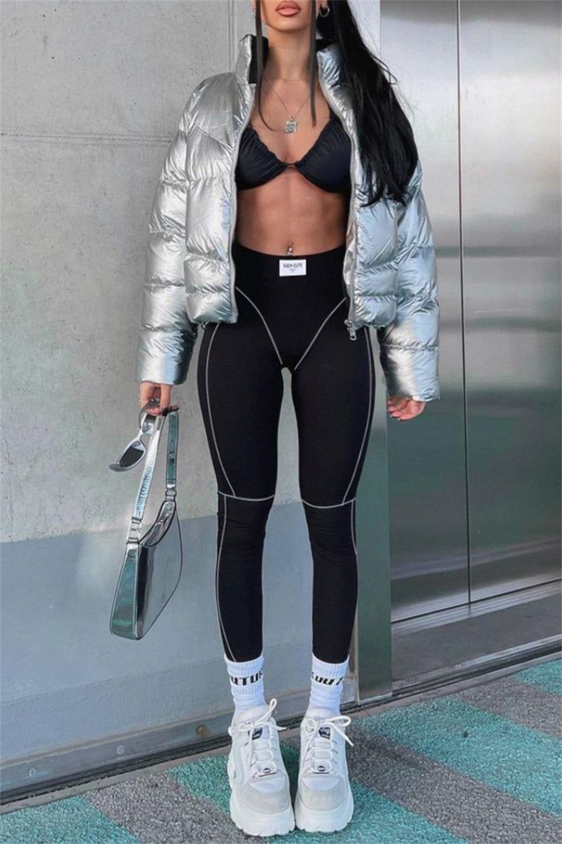 Pantalon crayon skinny à taille haute, en patchwork uni, style sportswear décontracté.