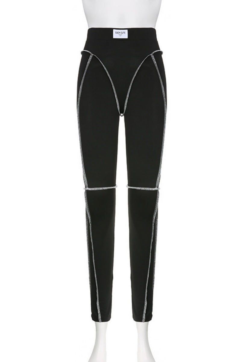 Pantalon crayon skinny à taille haute, en patchwork uni, style sportswear décontracté.