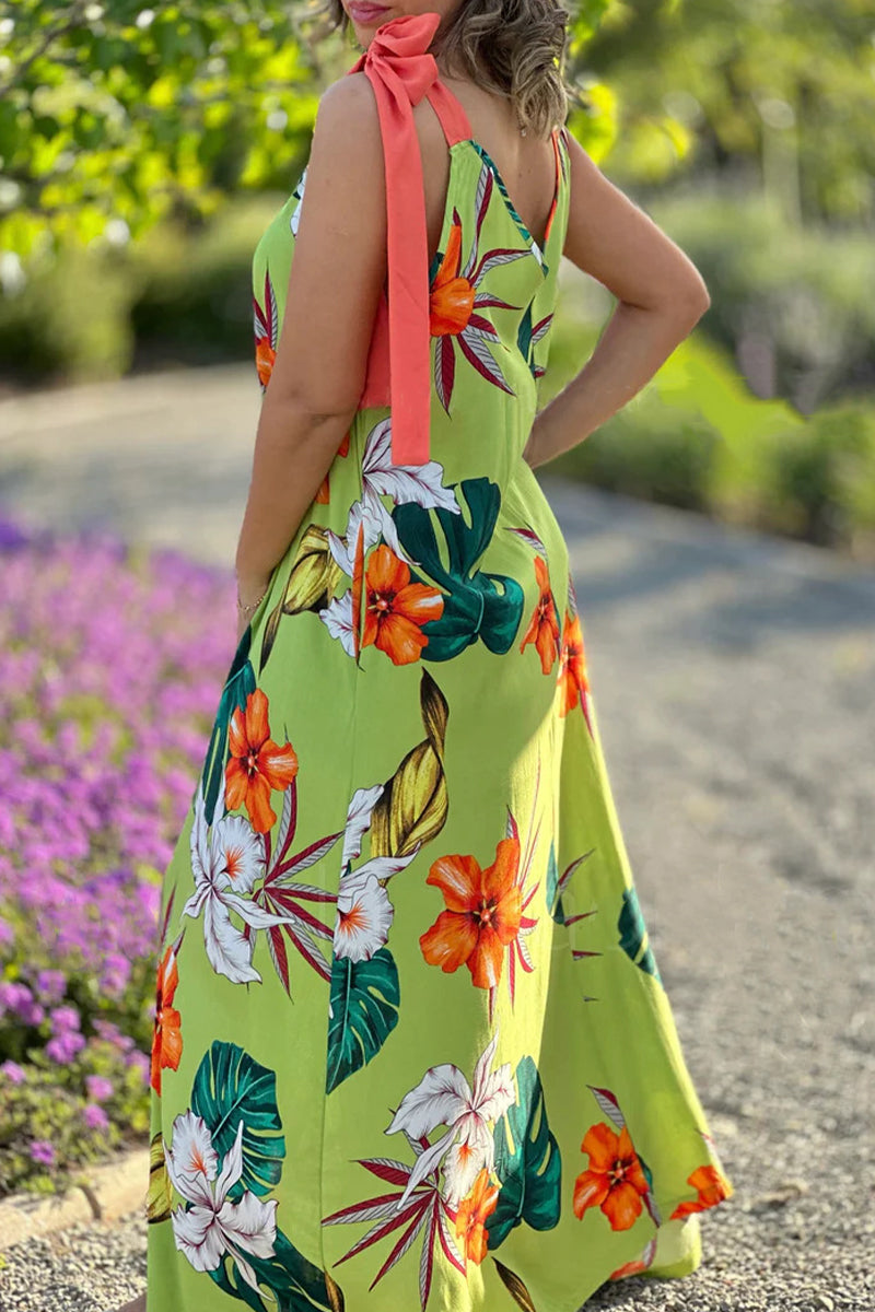 Robe Sexy Vintage Fleurie à Imprimé avec Col en V et Noeud