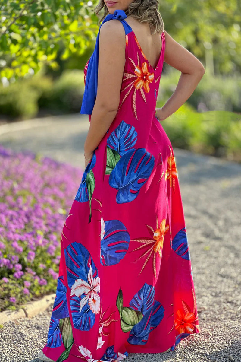 Robe Sexy Vintage Fleurie à Imprimé avec Col en V et Noeud