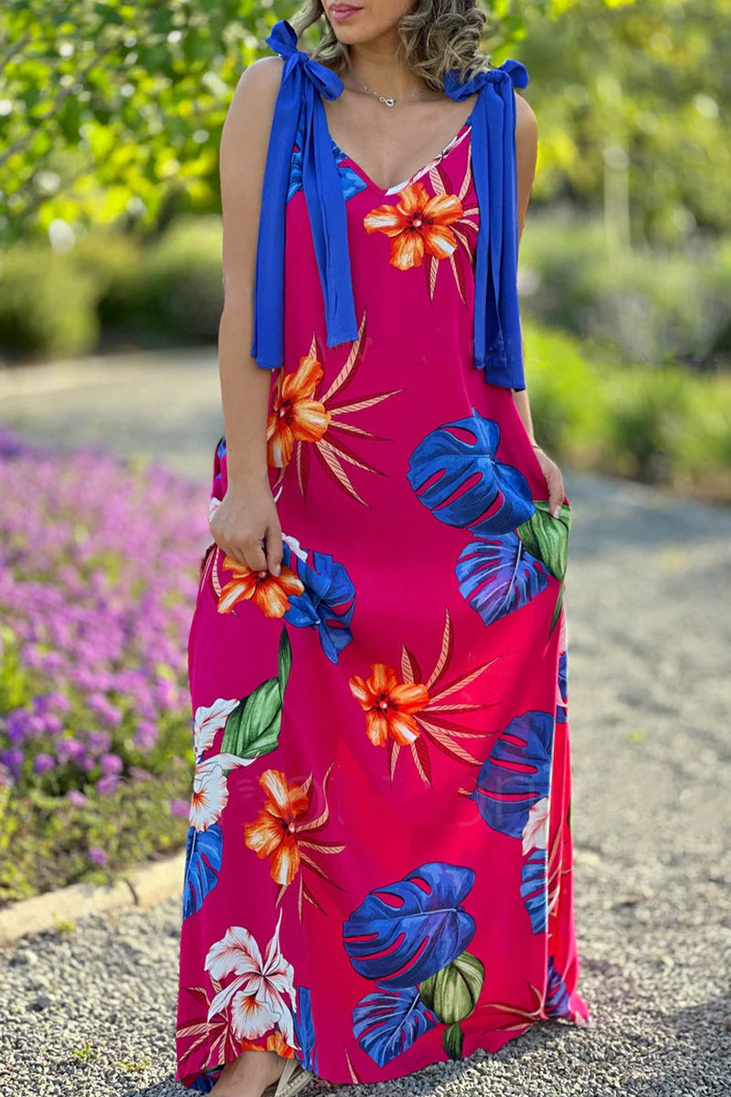 Robe Sexy Vintage Fleurie à Imprimé avec Col en V et Noeud