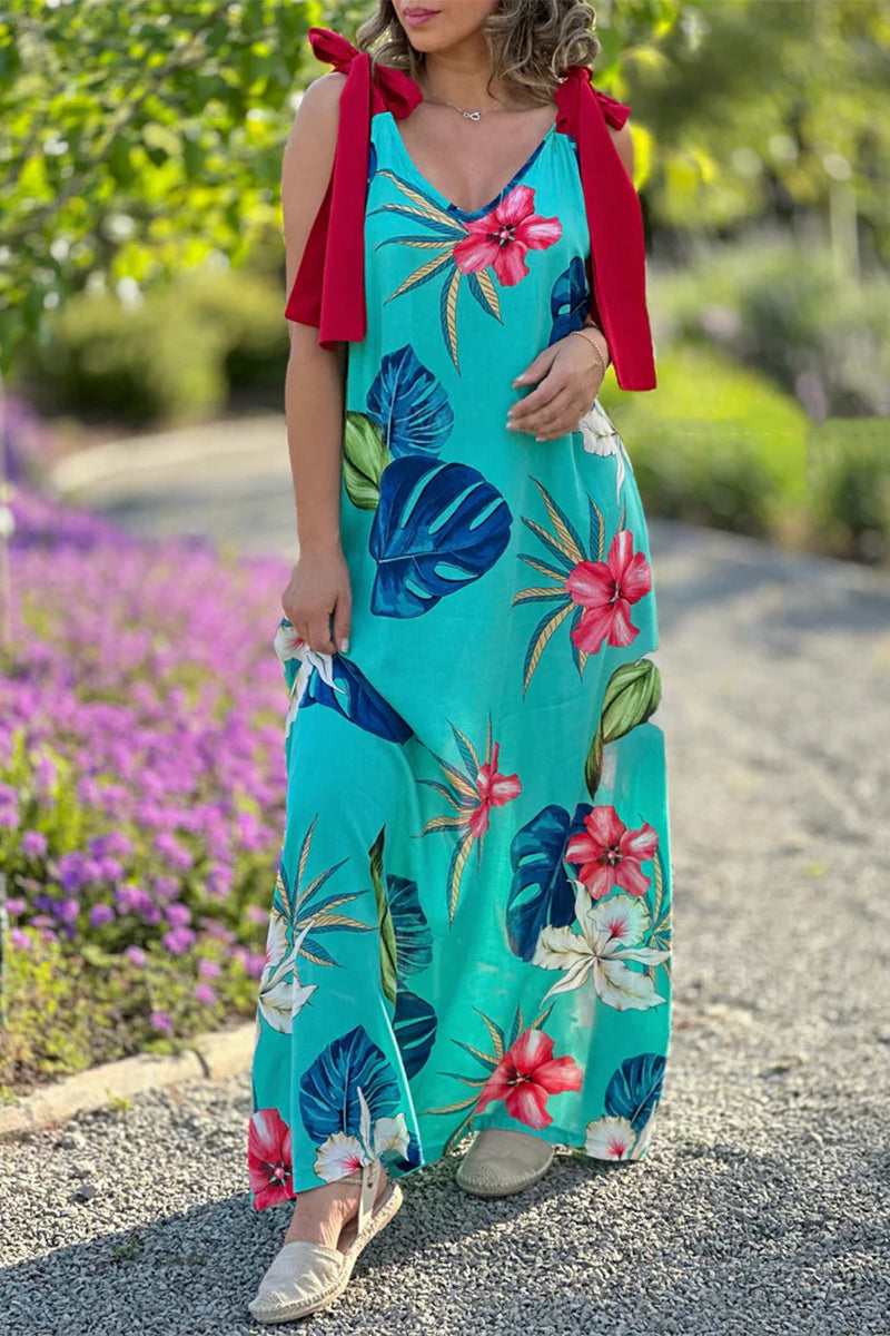 Robe Sexy Vintage Fleurie à Imprimé avec Col en V et Noeud