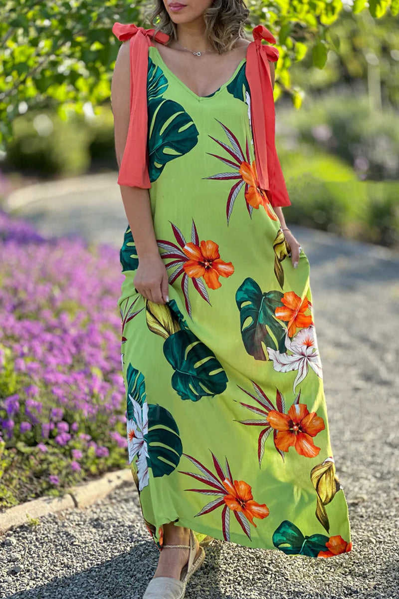 Robe Sexy Vintage Fleurie à Imprimé avec Col en V et Noeud