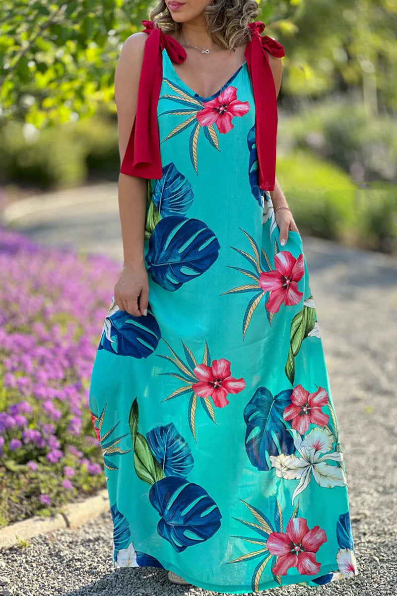 Robe Sexy Vintage Fleurie à Imprimé avec Col en V et Noeud