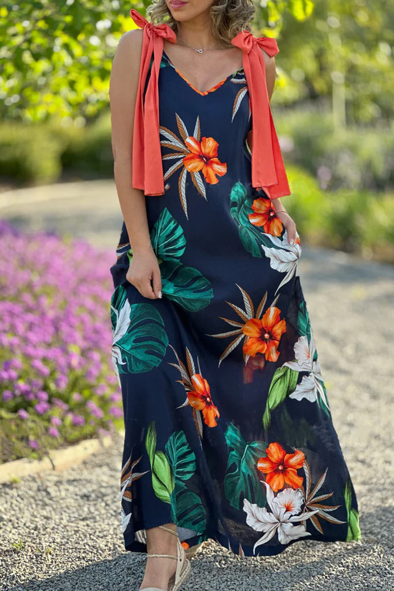 Robe Sexy Vintage Fleurie à Imprimé avec Col en V et Noeud