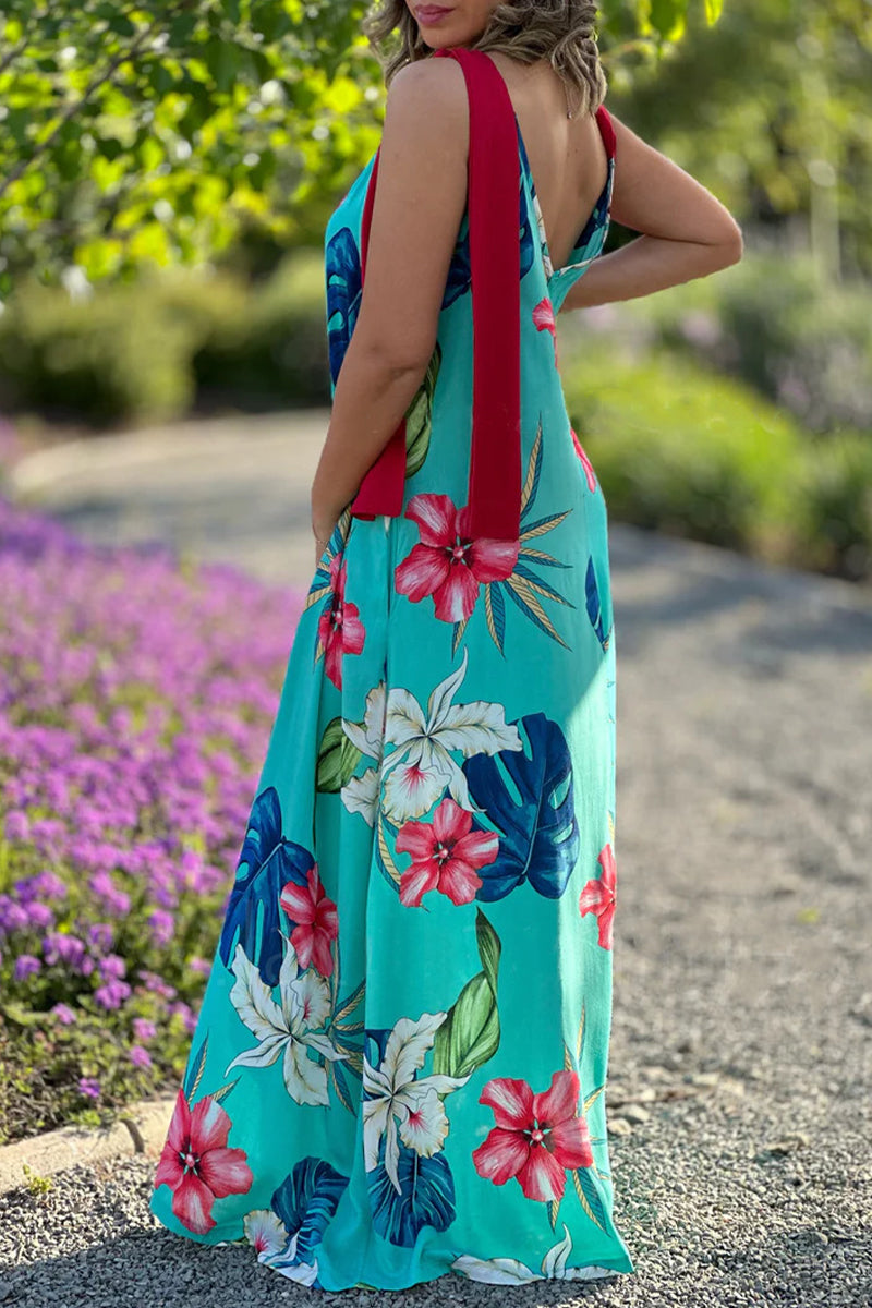 Robe Sexy Vintage Fleurie à Imprimé avec Col en V et Noeud