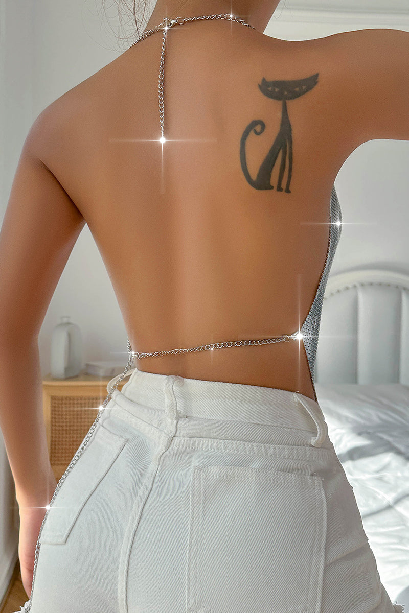 Sexy Solid Sequins Backless Halter Tops(4 Colors)