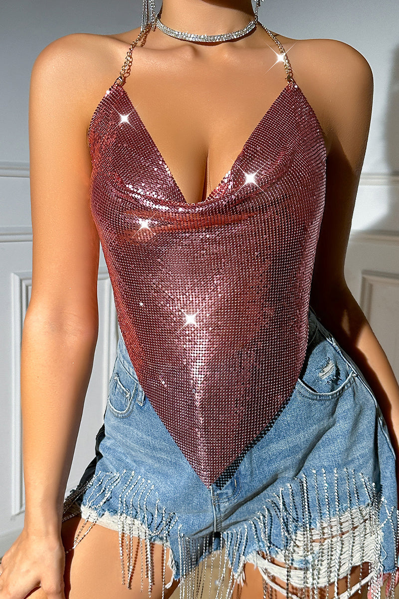 Sexy Solid Sequins Backless Halter Tops(4 Colors)