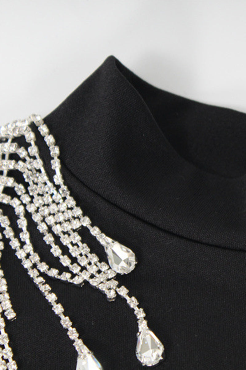 Robe de soirée élégante, formelle, unie, dos nu, fente, strass, demi-col montant.