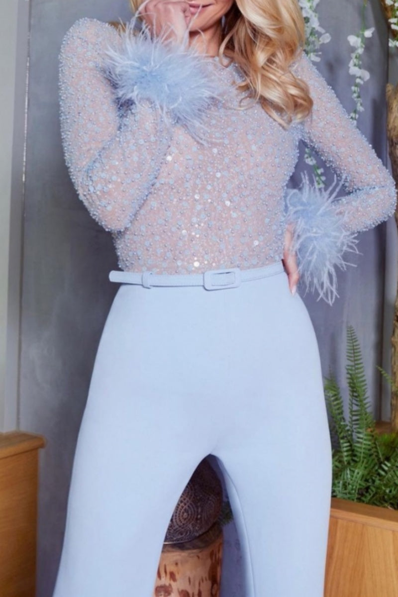 Combinaison moulante casual en patchwork et paillettes avec ceinture et col rond (à titre indicatif, voir produit réel)