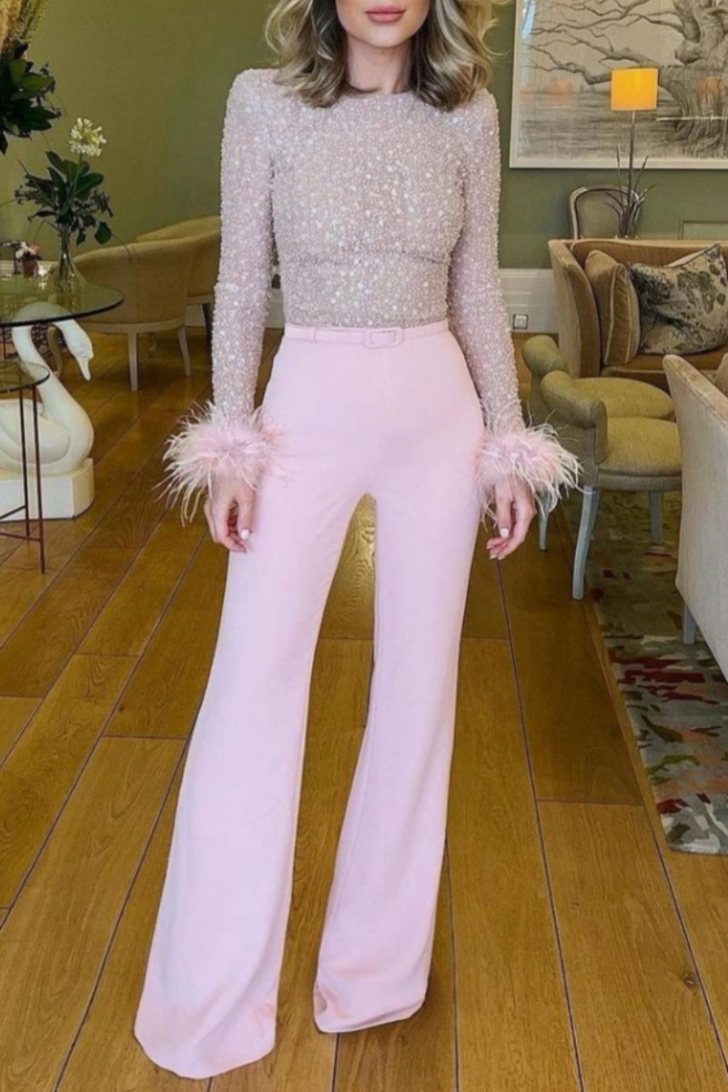 Combinaison moulante casual en patchwork et paillettes avec ceinture et col rond (à titre indicatif, voir produit réel)